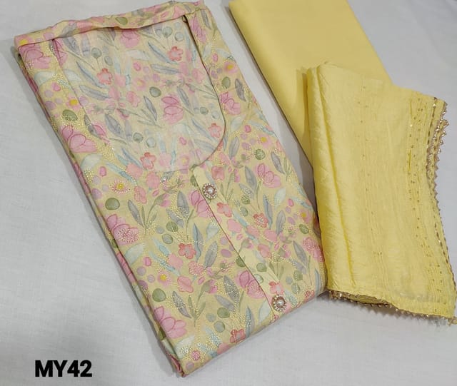 CODE MY42: Designer Printed Pastel Yellow Satin Cotton unstitched Salwar material(lining optional) with embroidery and sequence work on frontside, neck stitch, fancy buttons on yoke, matching thin cotton bottom, fancy silk cotton dupatta with thread and sequence work allover and gota lace tapings.