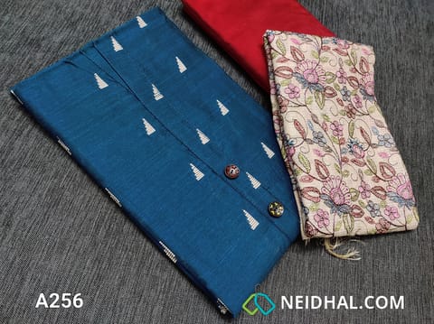 CODE LA256 : Designer Blue Silk Cotton unstitched Salwar material with Woven patterns, yoke with wooden buttons, Red Silk cotton bottom, soft silk cotton dupatta with multi color all over embroidery and zari borders on sides.