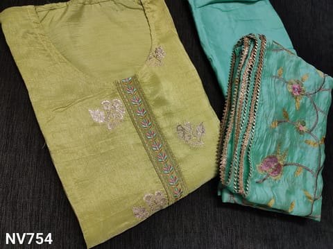 CODE NV754 : Designer Light Mehandi Yellow Green Dola Silk unstitched salwar material(thin fabric requires lining) round neck, Thread embroidery work on yoke, Antique Zari woven on front side, plain back, Santoon bottom, Heavy thread embroidery work on soft silk dupatta with gota lace tapings