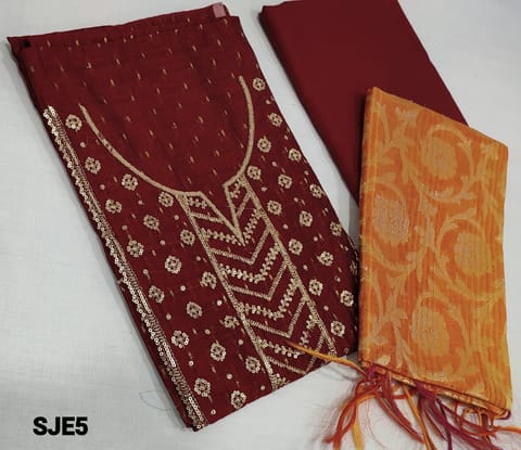 CODE SJE5 : Reddish Maroon Silk Cotton Unstitched Salwar material(lining required) with zari woven buttas allover, zari embroidery and sequence work on yoke, matching cotton bottom, Benaras woven Silk cotton dupatta with tassels.