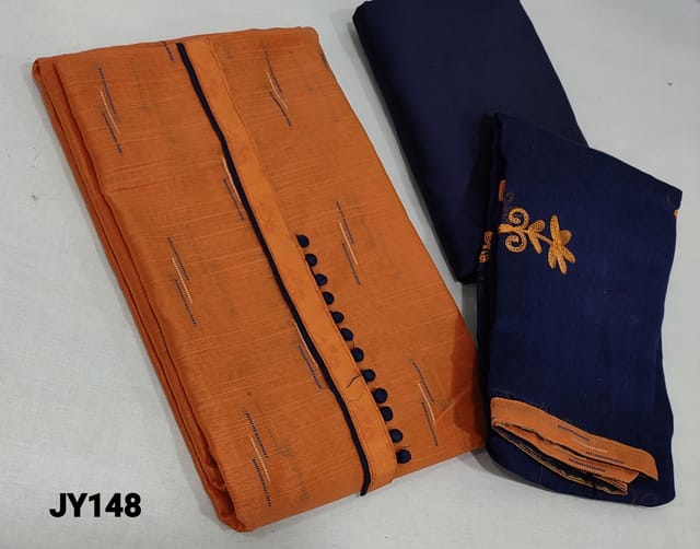 CODE JY148 :  Dark peach Silk Cotton UnStitched salwar material (requires lining) with potli buttons on yoke, blue cotton bottom, embroidery work on silk cotton dupatta with tapings