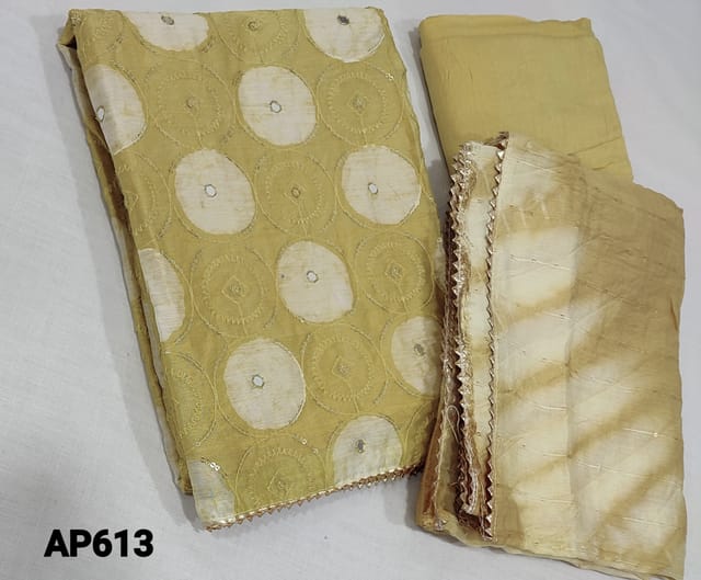 CODE AP613 : Premium Batik dyed Mehandhi Yellow soft Silk Cotton Unstitched Salwar materia thread, sequence and foil work on yoke, matching cotton lining provided, NO BOTTOM, soft silk cotton dupatta with thread and sequence work with zari lines, gota lace tapings