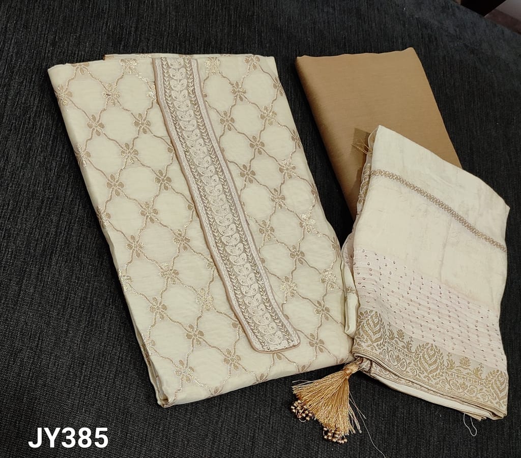 CODE JY385 : Designer Ivory Silk Cotton unstitched Salwar material(requires lining) with zari woven design on frontside, plain back, beige silk cotton bottom, zari weaving soft silk cotton dupatta with tassels