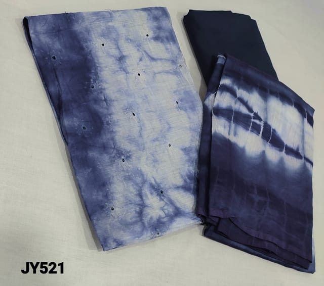 CODE JY521: Shibori Dyed Blue Soft Silk Cotton unstitched salwar material(lining required) with embroidery and cut work on frontside, blue santoon bottom, Shibori dyed silk cotton dupatta.