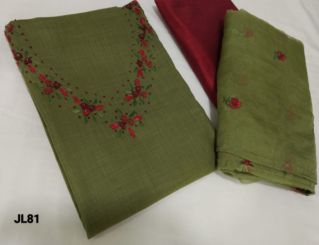 CODE JL81 : Premium Green Soft Spun Cotton unstitched Salwar material(lining required) with embroidery work and french knot work on yoke, maroon silk cotton bottom, embroidery work on organza dupatta with tapings