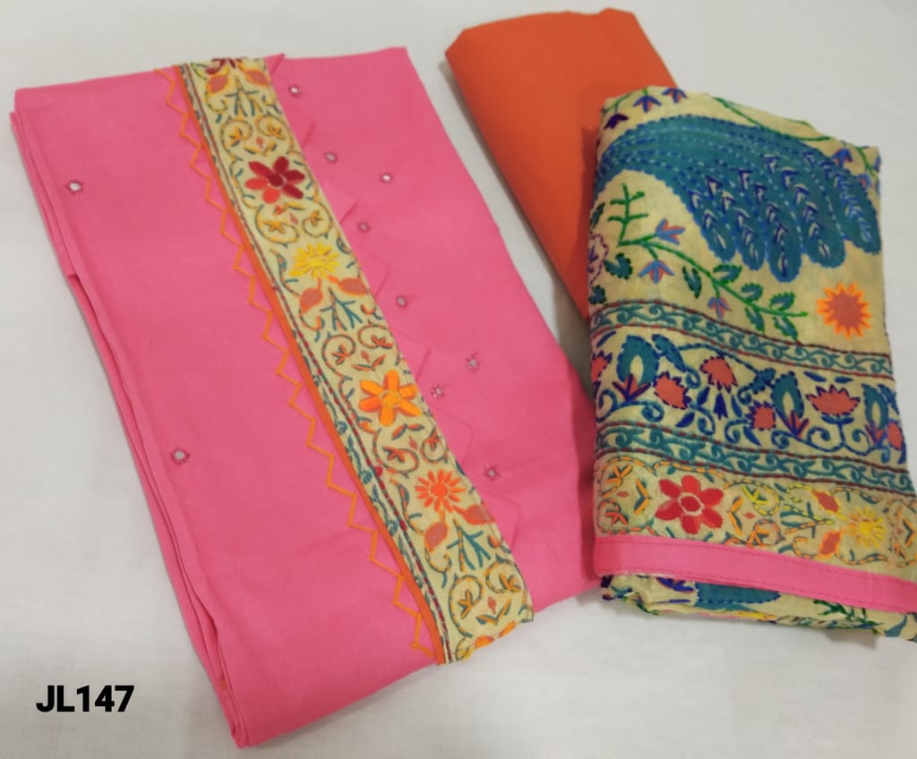 CODE JL1471 : Designer candy Pink Satin Cotton unstitched salwar material(requires lining) with embroidery patch work on yoke, foil work on frontside, contrast piping in daman, orange cotton bottom, kantha work on kalamkari printed Golden Beige silk cotton dupatta with tapings (colour of embroidery and print might vary for each set)