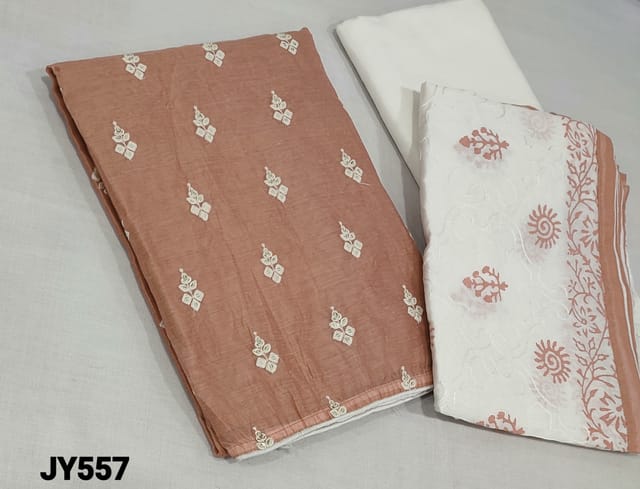 CODE JY557: Onion Pink Silk Cotton unstitched Salwar materials(lining required) with embroidery work on frontside, white soft thin cotton bottom, embroidery and block printed silk cotton dupatta with tapings.