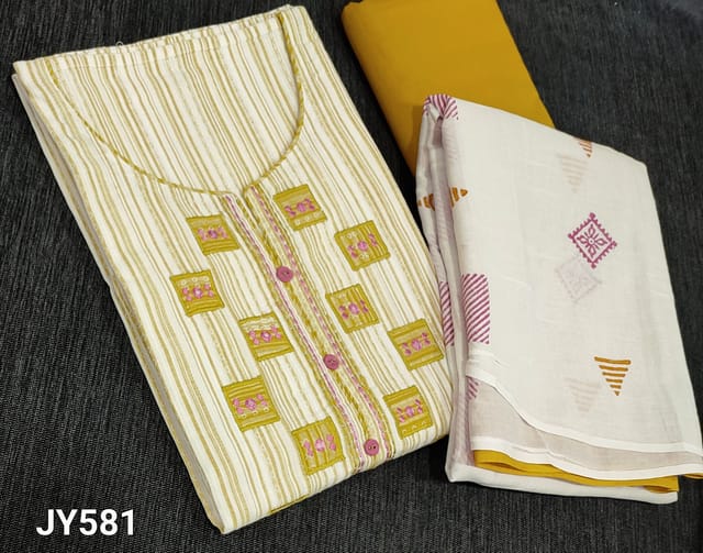 CODE JY581: Premium Mehandhi Yellow Cotton unstitched Salwar material(requires optional) with fancy buttons, thread ad foil parch work on yoke, cotton bottom,  printed mul cotton dupatta.