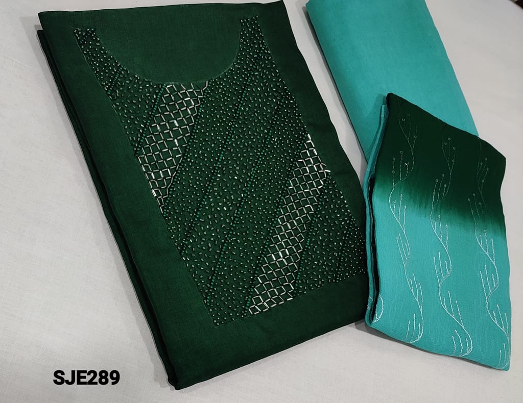 CODE SJE289 : Designer Green Silk Cotton unstitched Salwar material(Light coarse fabric requires lining) with heavy Pearl bead, cut bead work on yoke, Blue Silk cotton bottom, Heavy thread work on chiffon dupatta with lace tapings