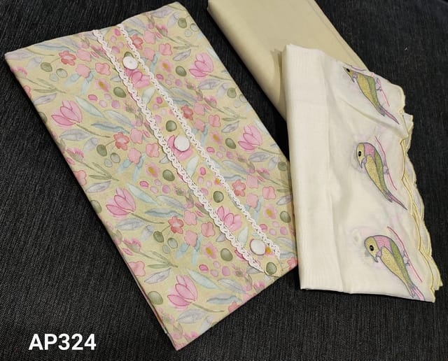 CODE AP324 :Pastel Pale yellow Printed Satin cotton unstitched Salwar material( lining optional) ,matching Cotton bottom, Off White Soft silk cotton dupatta with beautiful emboidery and cutwork details