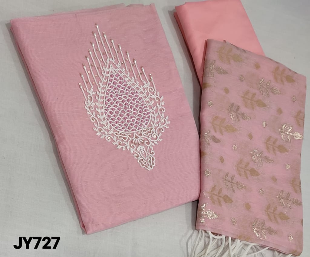 CODE JY727:  Designer Pastel Pink Slub Silk Cotton unstitched Salwar material(lining required) with french knot, sequence and pearl bead work on yoke, matching santoon or silky bottom, silver zari and thread woven embroidery work on slub silk cotton dupatta with tassels.