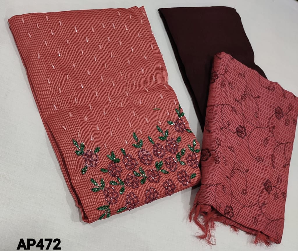 CODE AP472 : Premium Brick Red Kota Silk Cotton unstitched Salwar material(Netted fabric, requires lining) with cutbead work on yoke, maroon silk cotton bottom, embroidery work on kota silk cotton dupatta with tassels.