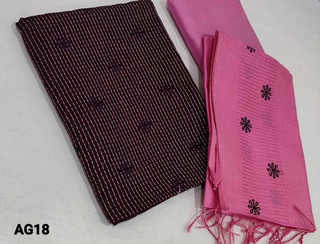 CODE AG18: Kantha Stitch Dark Purple Silk Cotton unstitched Salwar material(requires lining) with embroidery work on front side, leaf prints on yoke, pink silk cotton or cotton bottom, embroidery work on fancy silk cotton dupatta with tassels.