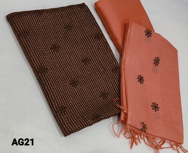 CODE AG21: Kantha Stitch Brown Silk Cotton unstitched Salwar material(requires lining) with embroidery work on front side, leaf prints on yoke, peachish pink silk cotton or cotton bottom, embroidery work on fancy silk cotton dupatta with tassels.