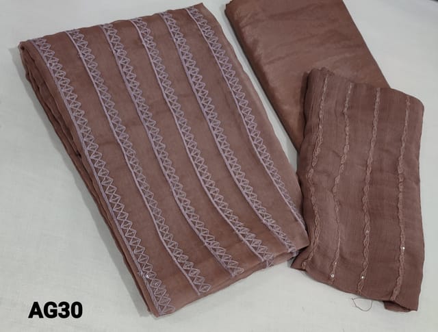 CODE AG30: Premium Brown Organza unstitched Salwar material(requires lining) with thread and sequence work on front side, matching shinny and silky bottom, thread and sequence work on pure chiffon dupatta