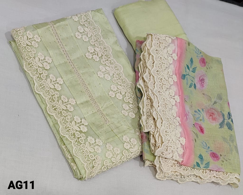 CODE AG11: Designer Light Green Fancy Silk Cotton Salwar material(requires lining) with thread and sequence work on front side, embroidery work on yoke, matching santoon bottom, Digital printed fancy silk cotton dupatta with tapings.