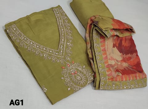 PRE ORDER : CODE AG1 : Designer Light Mehandhi Green Pure Masleen Silk Unstitched Salwar material(lining needed) with real mirror, thread and zardozi work on frontside on yoke, small embroidery work on frontside, round neck, matching santoon bottom, Digital Printed pure Organza silk dupatta with sequence and zardozi work tapings(Can fit up to XL size)