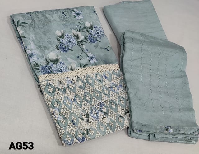 CODE AG53: Designer Digital Floral Printed Light Blue Modal fabric unstitched salwar material(requires lining) with crochet lace, thread and sequence work on daman, matching santoon bottom, thread and sequence work on silk cotton dupatta with tapings.
