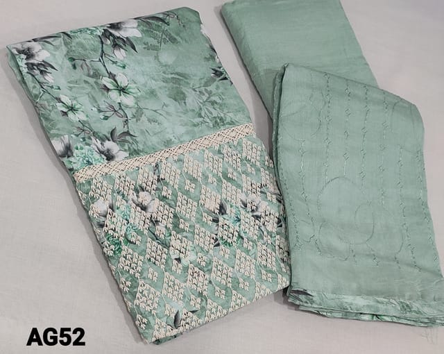 CODE AG52: Designer Digital Floral Printed Green Modal fabric unstitched salwar material(requires lining) with crochet lace, thread and sequence work on daman, matching santoon bottom, thread and sequence work on silk cotton dupatta with tapings.