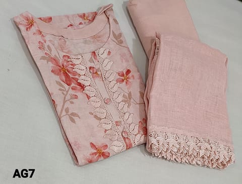 PRE ORDER : CODE AG7: Designer Digital Printed Pastel Pink Linen semi stitched Salwar material(lining included) with patch work on yoke, 3/4 sleeves, matching cotton fabric provided for lining, NO BOTTOM, Pastel Pink Linen dupatta with lace tapings(Can fit up to XL size)