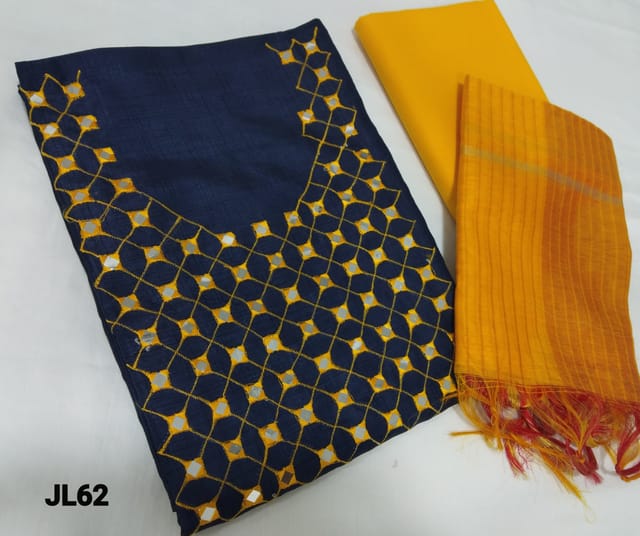 CODE JL62 : Navy Blue Silk Cotton unstitched Salwar material(requires lining) with thread and foil work on yoke, yellow cotton bottom, yellow silk cotton dupatta with tassels