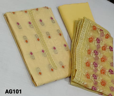 CODE AG101: Designer Pastel Yellow  Fancy Silk Cotton unstitched Salwar material(requires lining) with zari woven work on frontside, thread and sequence work on yoke, matching silky bottom, cross stitch embroidery and sequence work on organza dupatta.