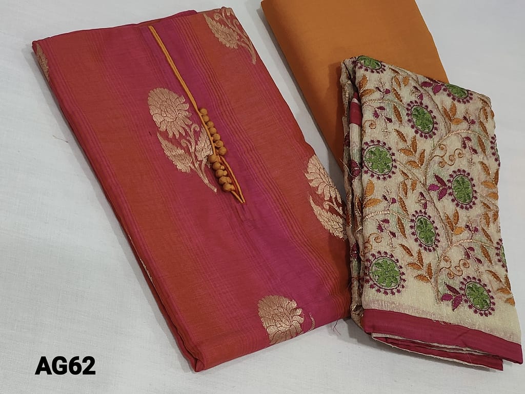 CODE AG62: Premium Pink Shaded Silk Cotton Unstitched salwar material(requires lining) with potli  buttons on yoke, zari woven embroidery work on frontside, dark fenugreek yellow cotton bottom, zari and colorful rich embroidery work on kora dupatta with tapings