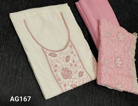 CODE AG167: Designer Ivory Chanderi Silk Cotton unstitched salwar material(requires lining)with thread and sequence work on yoke, round neck, pastel pink sontoon bottom, rich embroidery work on silk cotton dupatta with tassels.