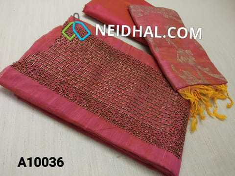 CODE A10036 : Designer Pink Slub Silk Cotton unstitched Salwar material(requires lining) with heavy bead and pipe work on yoke, Silk cotton bottom, Pink Benarasi weaving dupatta with taping( DUPATTA WEAVING DESIGN MAY BE DIFFERENT FROM WHATS SHOWN IN PICTURE)