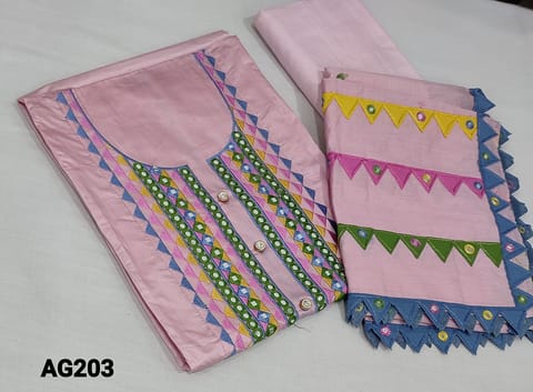 CODE AG203: Premium Pink  Shade soft Silk Cotton unstitched Salwar material(requires lining) with colorful thread and foil work on yoke, matching santoon bottom, cut work and foil work on fancy silk cotton dupatta with tapings.