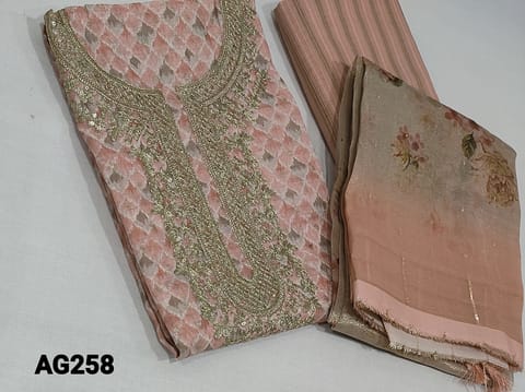 CODE AG258 : Designer Peach fancy Silk Cotton unstitched Salwar material(requires lining) with zari buttas allover, thread and sequence work on yoke, printed modal bottom, Floral Digital Printed Tissue Organza dupatta with tassels.