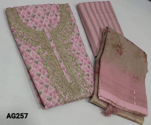 CODE AG257 : Designer Pink fancy Silk Cotton unstitched Salwar material(requires lining) with zari buttas allover, thread and sequence work on yoke, printed modal bottom, Floral Digital Printed Tissue Organza dupatta with tassels.