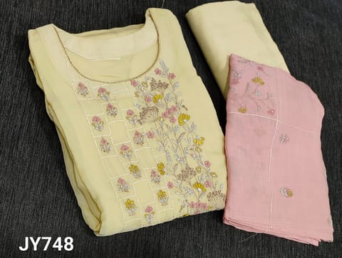 PRE ORDER : CODE JY748: Designer Pastel Yellow Pure Organza semi stitched Salwar material(lining included) with fine embroidery, sugar bead work on yoke, 3/4 sleeves, matching soft santoon bottom, Pastel Pink  Pure organza dupatta with fine embroidery (Can fit up to XL size)