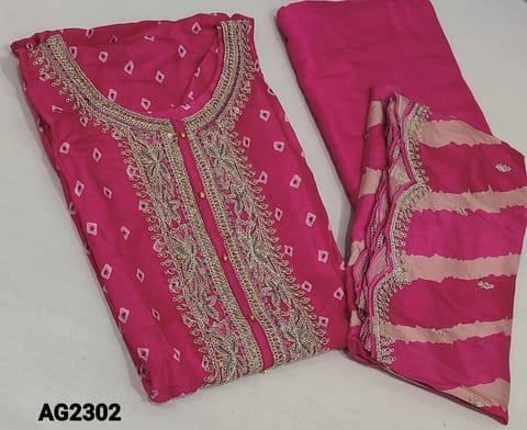CODE AG2302: Designer Pink pure masleen Silk Semi stitched Salwar material(requires lining) with zari and sequence work on yoke, matching santoon bottom, lehriya printed soft silk cotton dupatta with thread and sequence work edges (Can fit up to XL size)