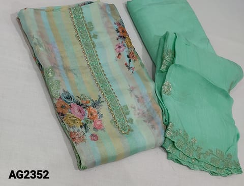 CODE AG2352:  Designer Digital Floral Printed Pastel Green Pure Organza Fabric Unstitched Salwar material(requires lining) with thread and sequence embroidery work on frontside and yoke,  matching santoon bottom, thread and sequence work on pure chiffon dupatta