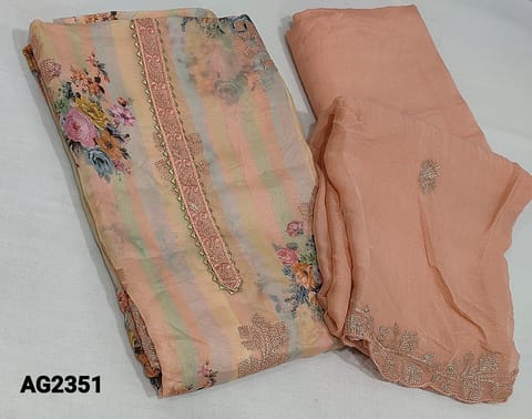 CODE AG2351: Designer Digital Floral Printed Pastel Peach Pure Organza Fabric Unstitched Salwar material(requires lining) with thread and sequence embroidery work on frontside and yoke,  matching santoon bottom, thread and sequence work on pure chiffon dupatta