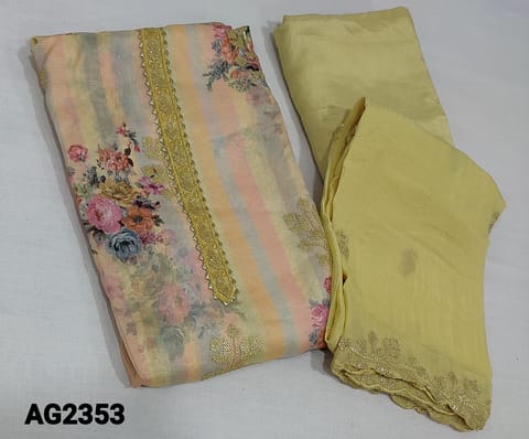 CODE AG2353: Designer Digital Floral Printed Pastel Yellow Pure Organza Fabric Unstitched Salwar material(requires lining) with thread and sequence embroidery work on frontside and yoke,  matching santoon bottom, thread and sequence work on pure chiffon dupatta