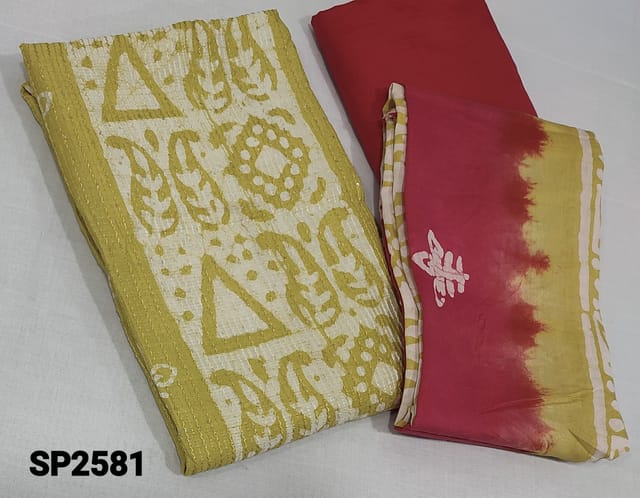CODE SP2581 : Batik dyed Mehandhi Yellow soft Silk Cotton unstitched Salwar material(thin fabric requires lining) with thread and sequence work on frontside, dark pink silky bottom, dual shaded soft silk cotton dupatta(requires taping)