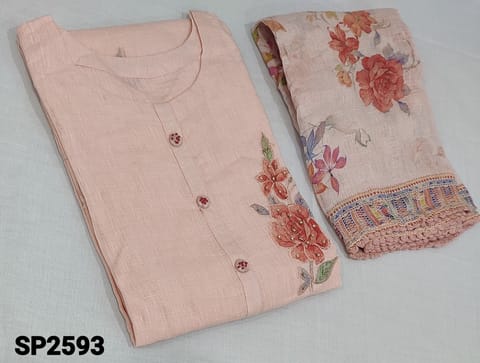 CODE SP2593 : Designer Floral Printed pastel Peach Linen semi stitched Salwar material(lining included) with zardozi and mini stone work on yoke, round neck, 3/4 sleeves, matching soft cotton lining provided, NO BOTTOM, Digital floral printed pure linen dupatta with lace tapings.(Can fit up to XL size)