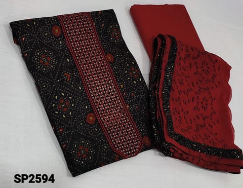 CODE SP2594: Bandani printed Black Modal unstitched Salwar materials(lining optional) with thread and sequence work on yoke, red cotton bottom, p[rinted chiffon dupatta with tapings.