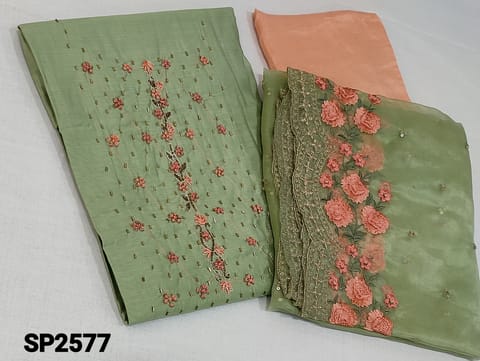 CODE SP2577: Designer Pastel Green Premium soft Silk Cotton unstitched Salwar material(requires lining) with french knot, cut bead, zardozi work on yoke, peach santoon bottom, thread and sequence work on organza dupatta with thread and zari embroidery cut work edges