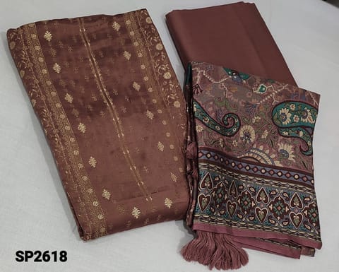 CODE SP2618 : Designer Brown Pure Satin Silk unstitched Salwar material(requires lining) with antique zari woven embroidery work on frontside, matching santoon bottom, Digital patola printed Brasso Organza dupatta with tassels.