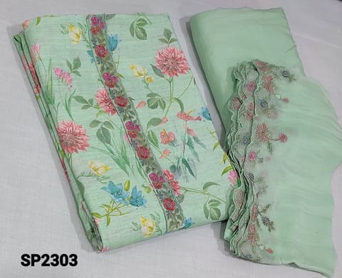 CODE SP2303: Designer Floral Printed Sea Green Premium linen Cotton unstitched Salwar material( lining required) with embroidery patch work on yoke, mini stone work on frontside, embroidery work on daman, matching soft flex cotton bottom, Premium pure shorth width chiffon dupatta with embroidery cut work edges