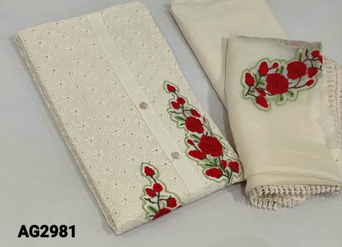CODE AG2981: Premium Half White Hakoba kadhi Cotton Unstitched salwar material (requires lining) with embroidery and cut work on frontside,(embroidery and cut work design might vary), embroidery patch work on yoke,  matching kadhi cotton bottom, embroidery patch work on organza dupatta with cut work and lace tapings.