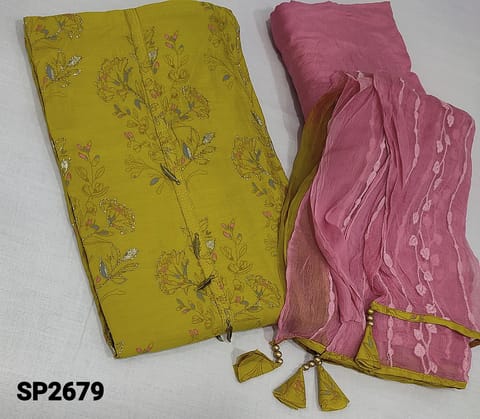CODE SP2679 : Designer Mehandhi yellow Chanderi Silk Cotton  unstitched Salwar material(requires lining) with zari weaving work on frontside, pink santoon bottom, embroidery work on chiffon dupatta with tapings.