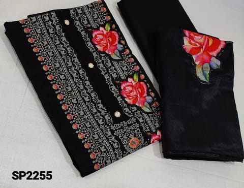 CODE SP2255: Digital Printed Black Cotton Unstitched Salwar material(lining optional) with embroidery work on yoke, matching cotton bottom, applique work on organza dupatta.