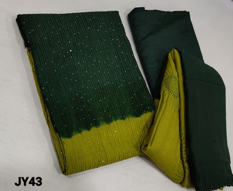 CODE JY43 : Dual Shaded Green Silk Cotton unstitched Salwar material(requires lining) with heavy thread and sequence work on frontside, green santoon bottom,  Printed dual shaded sillk cotton dupatta .