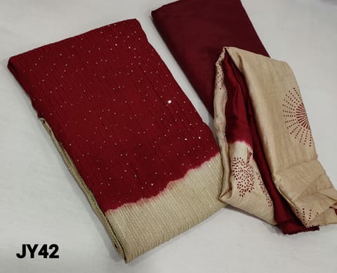 CODE JY42 : Dual Shaded Maroon and Beige Silk Cotton unstitched Salwar material(requires lining) with heavy thread and sequence work on frontside, maroon santoon bottom,  Printed dual shaded sillk cotton dupatta .