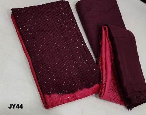 CODE JY44 : Dual Shaded Pink Silk Cotton unstitched Salwar material(requires lining) with heavy thread and sequence work on frontside, dark pink santoon bottom,  Printed dual shaded sillk cotton dupatta .