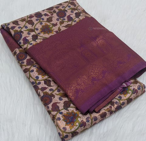 CODE:WS87 Light pink base colorful kalamkari printed ( floral) soft brocade saree with antique copper zari weaving pattern all-over ,contrast dark beetroot purple zari woven double side border (9 inches), antique copper zari woven pallu and gold zari woven running blouse